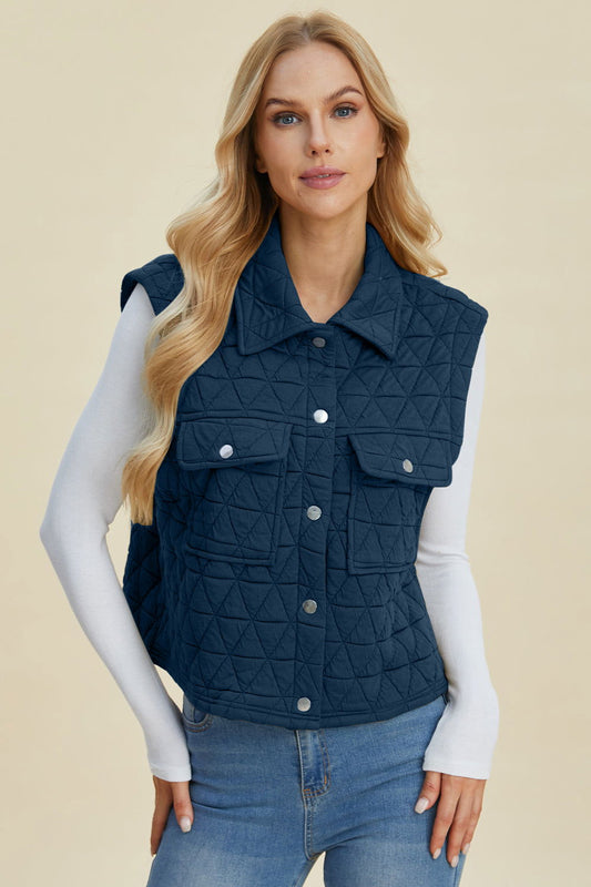 Double Take Full Size Pocketed Texture Snap Down Vest Coat us.meeeshop - Vests