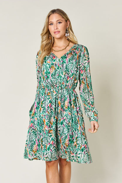 Double Take Full Size Printed Drawstring Waist Long Sleeve Dress us.meeeshop - 