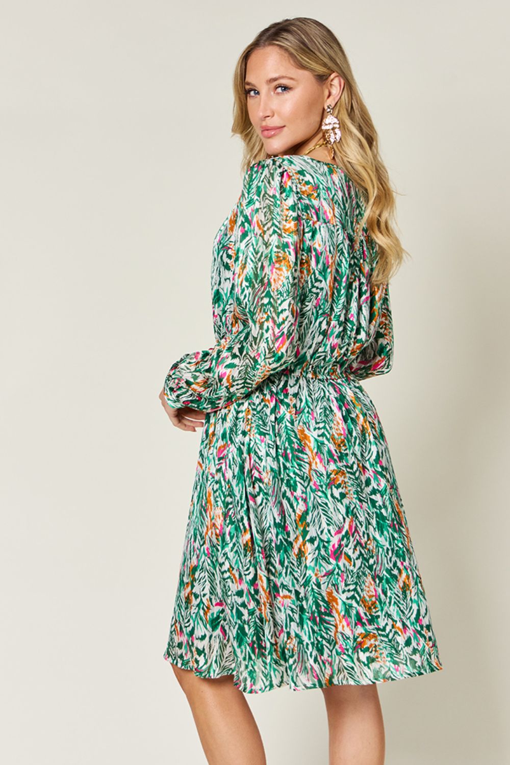 Double Take Full Size Printed Drawstring Waist Long Sleeve Dress us.meeeshop - 