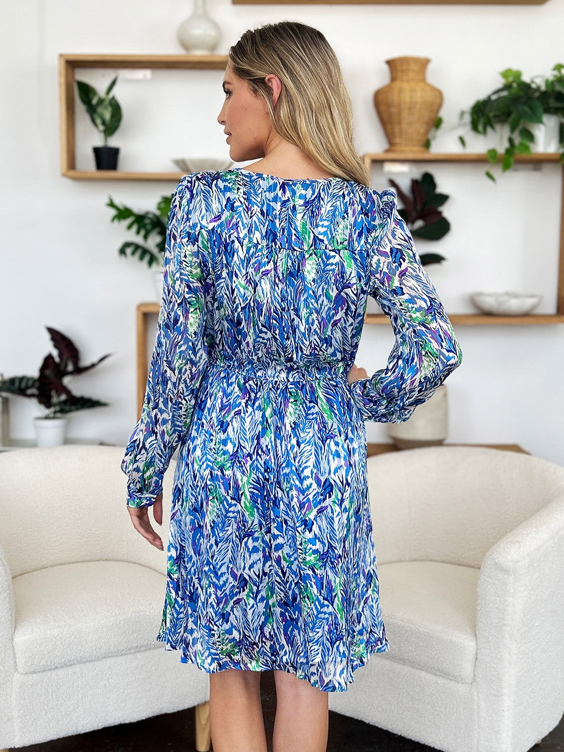 Double Take Full Size Printed Drawstring Waist Long Sleeve Dress us.meeeshop - 