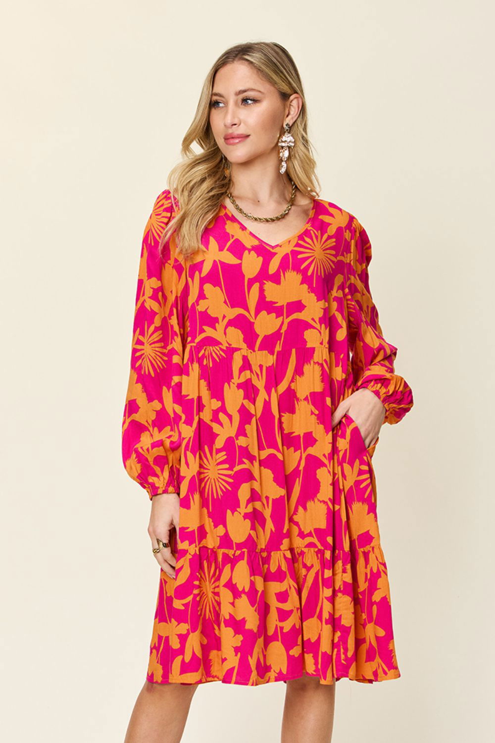 Double Take Full Size Printed Ruffle Hem Dress with Pocket us.meeeshop - 