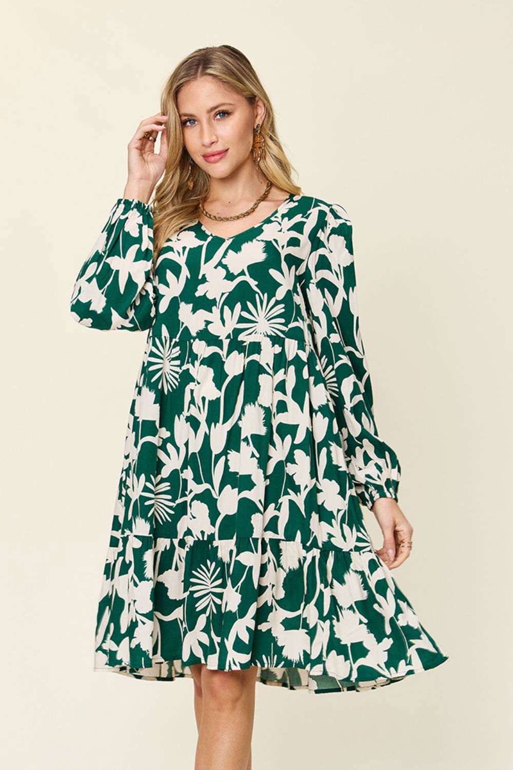 Double Take Full Size Printed Ruffle Hem Dress with Pocket us.meeeshop - Dresses