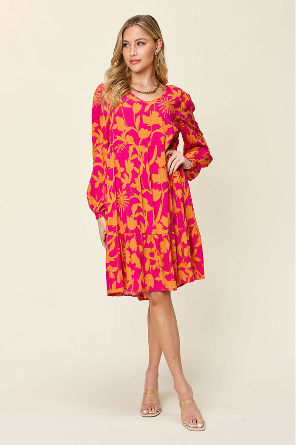 Double Take Full Size Printed Ruffle Hem Dress with Pocket us.meeeshop - 