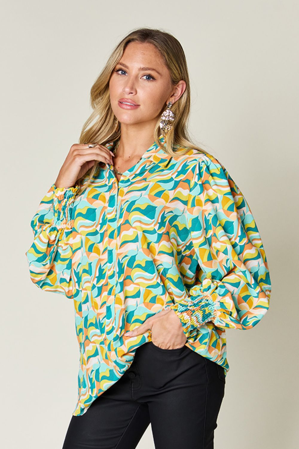 Double Take Full Size Printed Smocked Long Sleeve Blouse us.meeeshop - Shirts & Tops