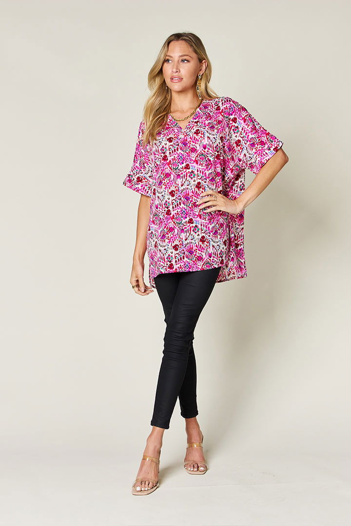 Double Take Full Size Printed V-Neck Short Sleeve Blouse us.meeeshop - 