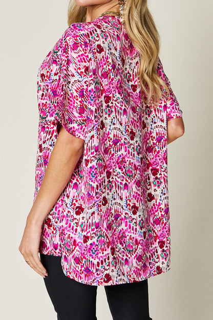 Double Take Full Size Printed V-Neck Short Sleeve Blouse us.meeeshop - 