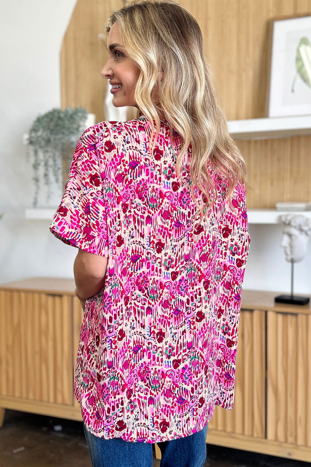 Double Take Full Size Printed V-Neck Short Sleeve Blouse us.meeeshop - 