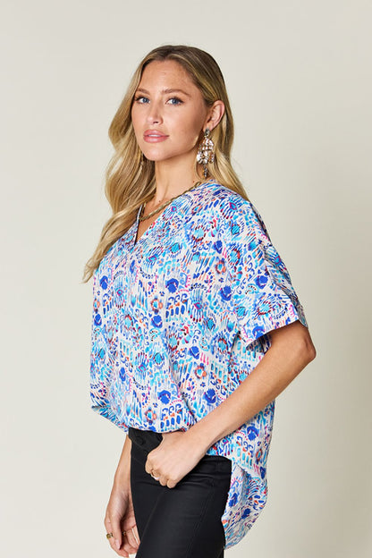 Double Take Full Size Printed V-Neck Short Sleeve Blouse us.meeeshop - 