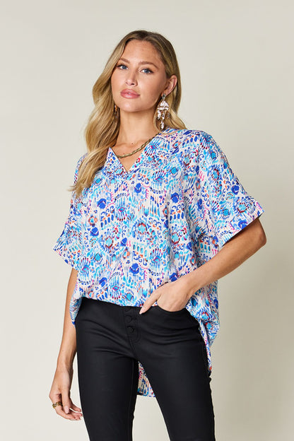 Double Take Full Size Printed V-Neck Short Sleeve Blouse us.meeeshop - 