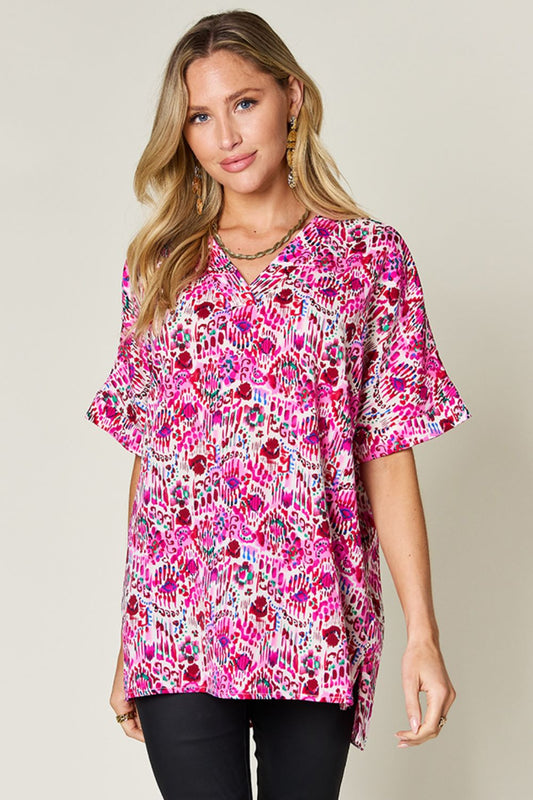 Double Take Full Size Printed V-Neck Short Sleeve Blouse us.meeeshop - Shirts & Tops