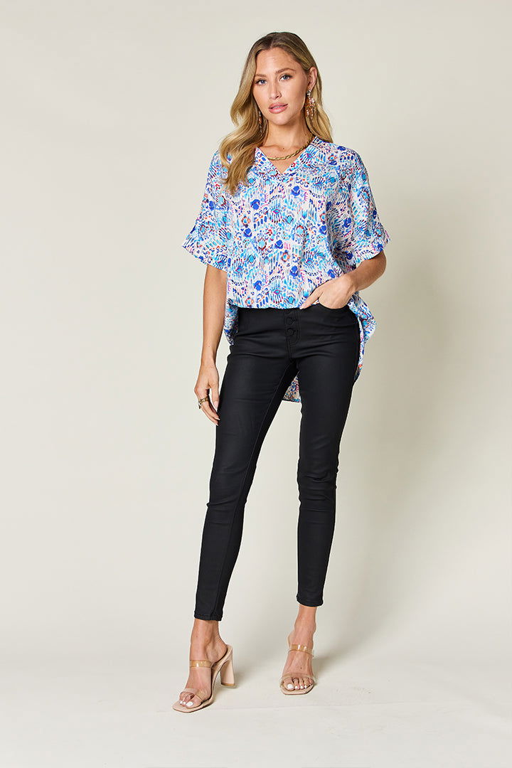 Double Take Full Size Printed V-Neck Short Sleeve Blouse us.meeeshop - 