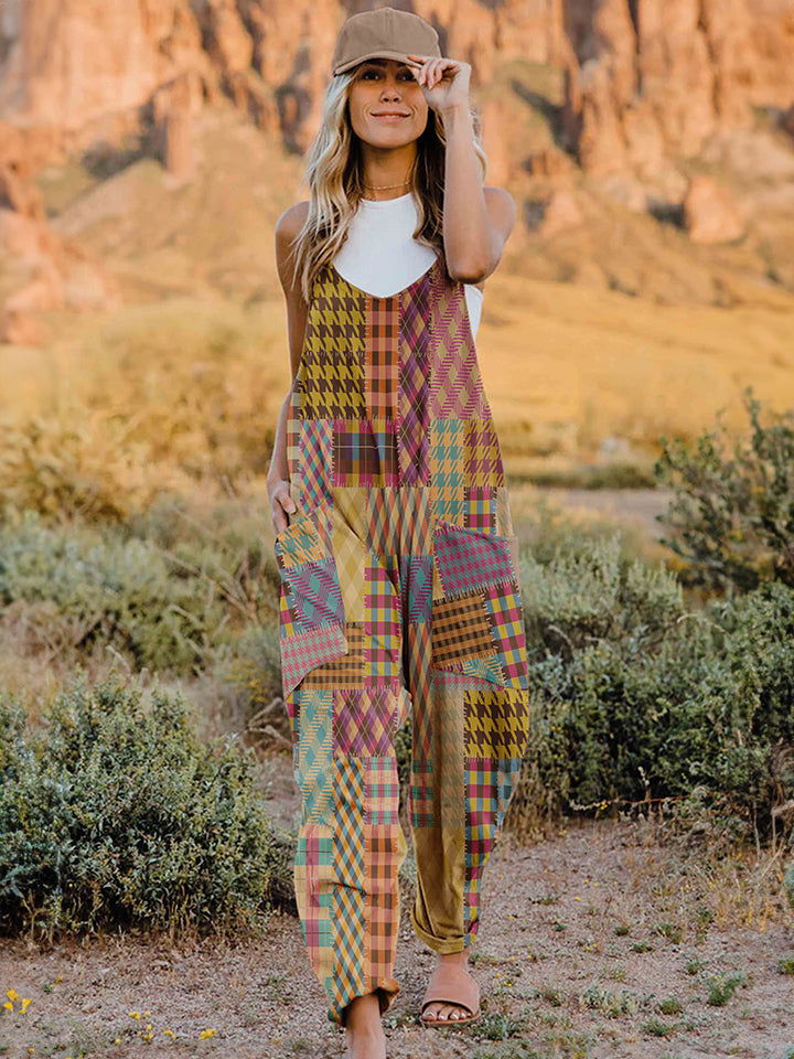 Double Take Full Size Printed V-Neck Sleeveless Jumpsuit us.meeeshop - Jumpsuits & Rompers