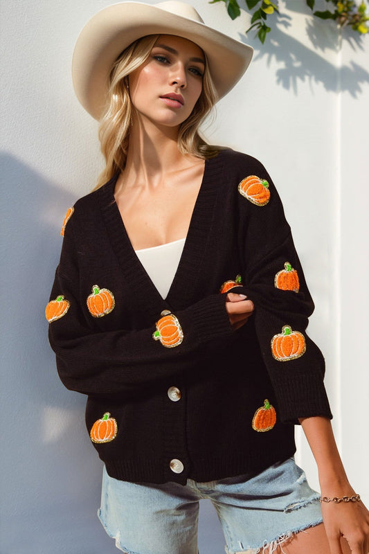 Double Take Full Size Pumpkin Button Up Long Sleeve Cardigan us.meeeshop - Shirts & Tops