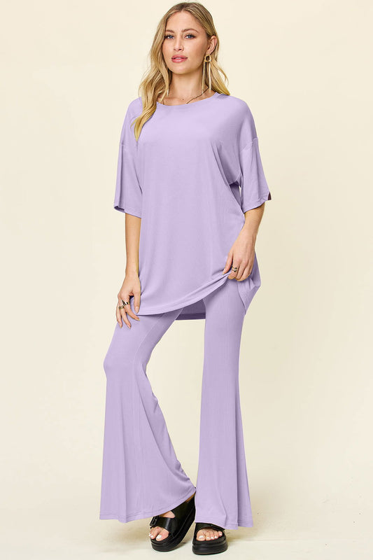 Double Take Full Size Round Neck Drop Shoulder T-Shirt and Flare Pants Set us.meeeshop - Loungewear