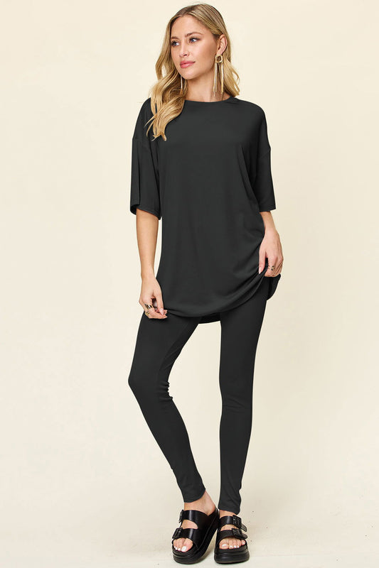 Double Take Full Size Round Neck Dropped Shoulder T-Shirt and Leggings Set us.meeeshop - Loungewear