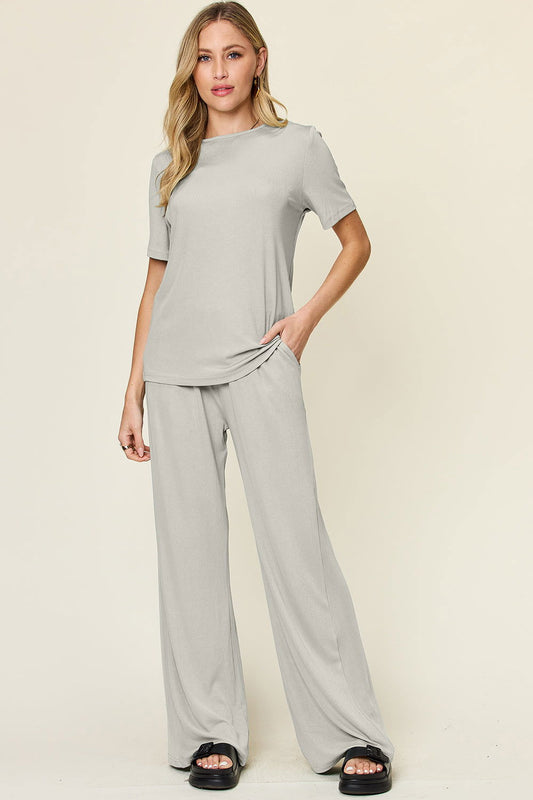 Double Take Full Size Round Neck Short Sleeve T-Shirt and Wide Leg Pants Set us.meeeshop - Loungewear