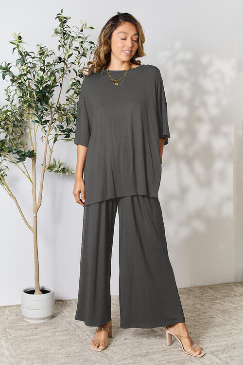 Double Take Full Size Round Neck Slit Top and Pants Set | us.meeeshop