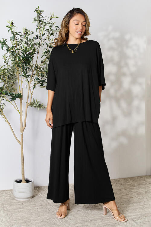 Double Take Full Size Round Neck Slit Top and Pants Set | us.meeeshop