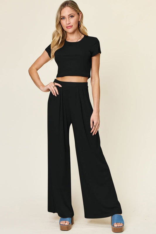 Double Take Full Size Round Neck Top and Pants Set us.meeeshop - Loungewear