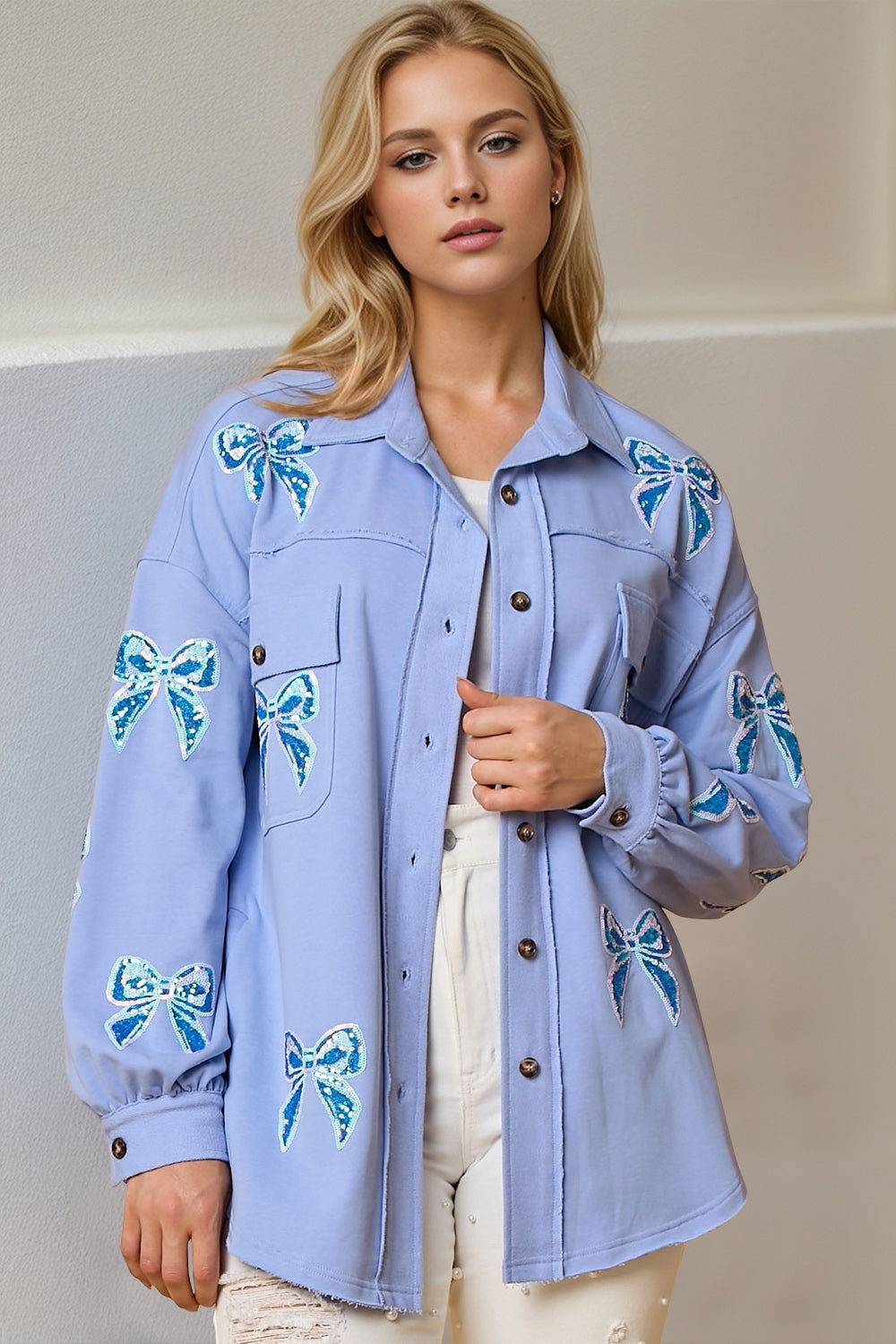 Double Take Full Size Sequin Bow Button Up Shacket us.meeeshop - Coats & Jackets