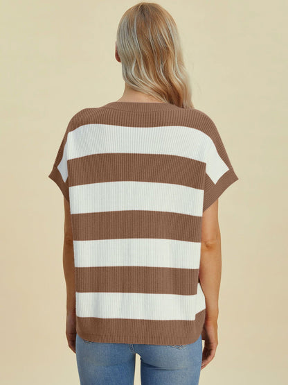 Double Take Full Size Striped V-Neck Short Sleeve Sweater us.meeeshop - 