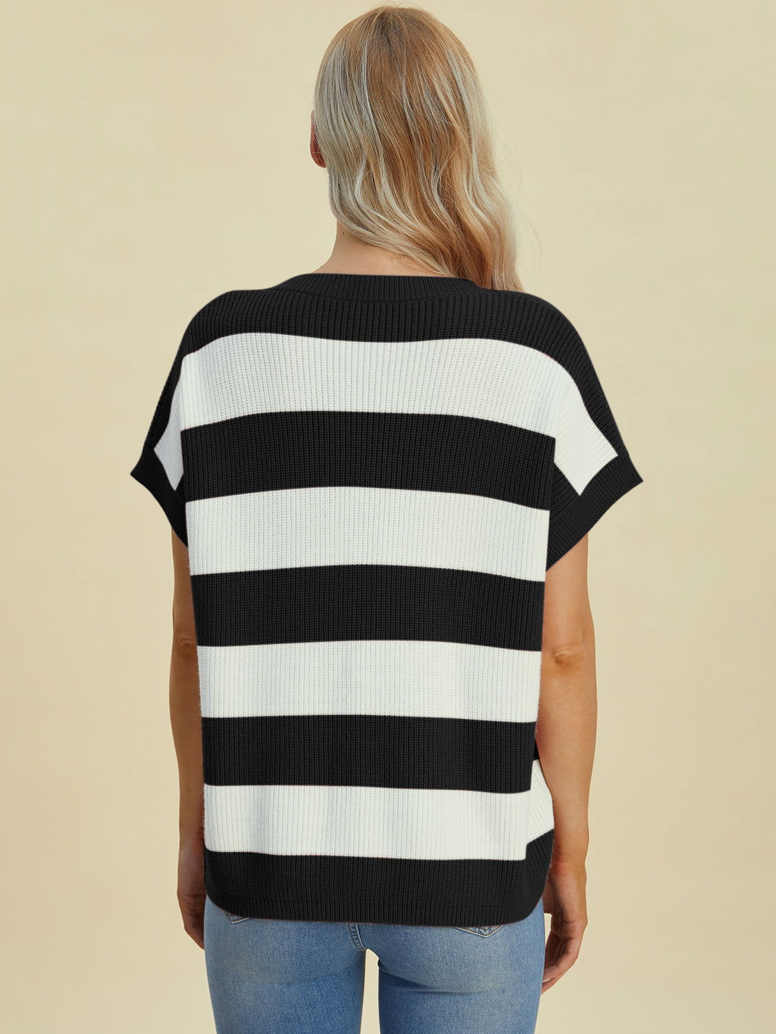 Double Take Full Size Striped V-Neck Short Sleeve Sweater us.meeeshop - 