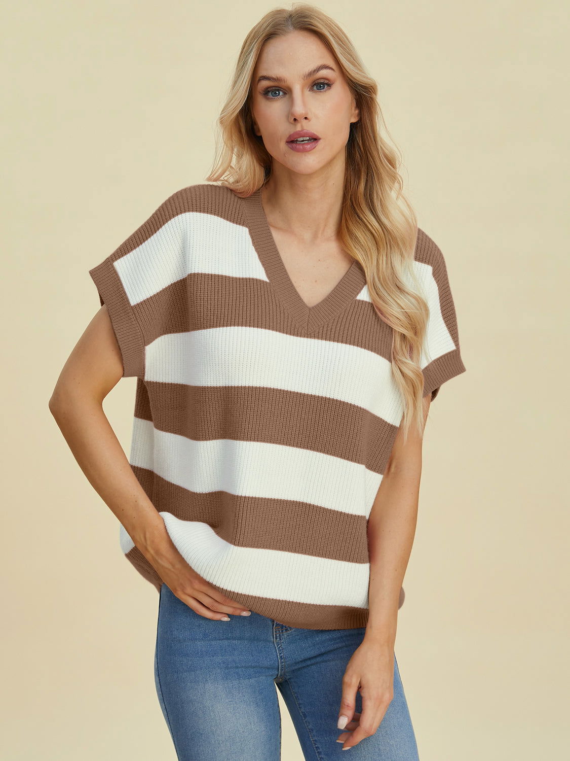 Double Take Full Size Striped V-Neck Short Sleeve Sweater us.meeeshop - 