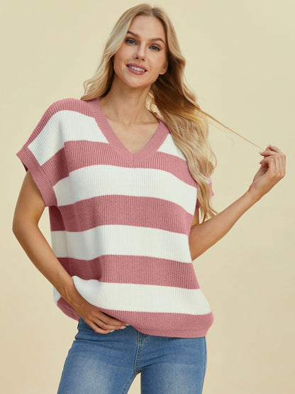 Double Take Full Size Striped V-Neck Short Sleeve Sweater us.meeeshop - 