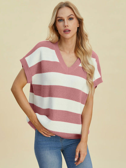 Double Take Full Size Striped V-Neck Short Sleeve Sweater us.meeeshop - 