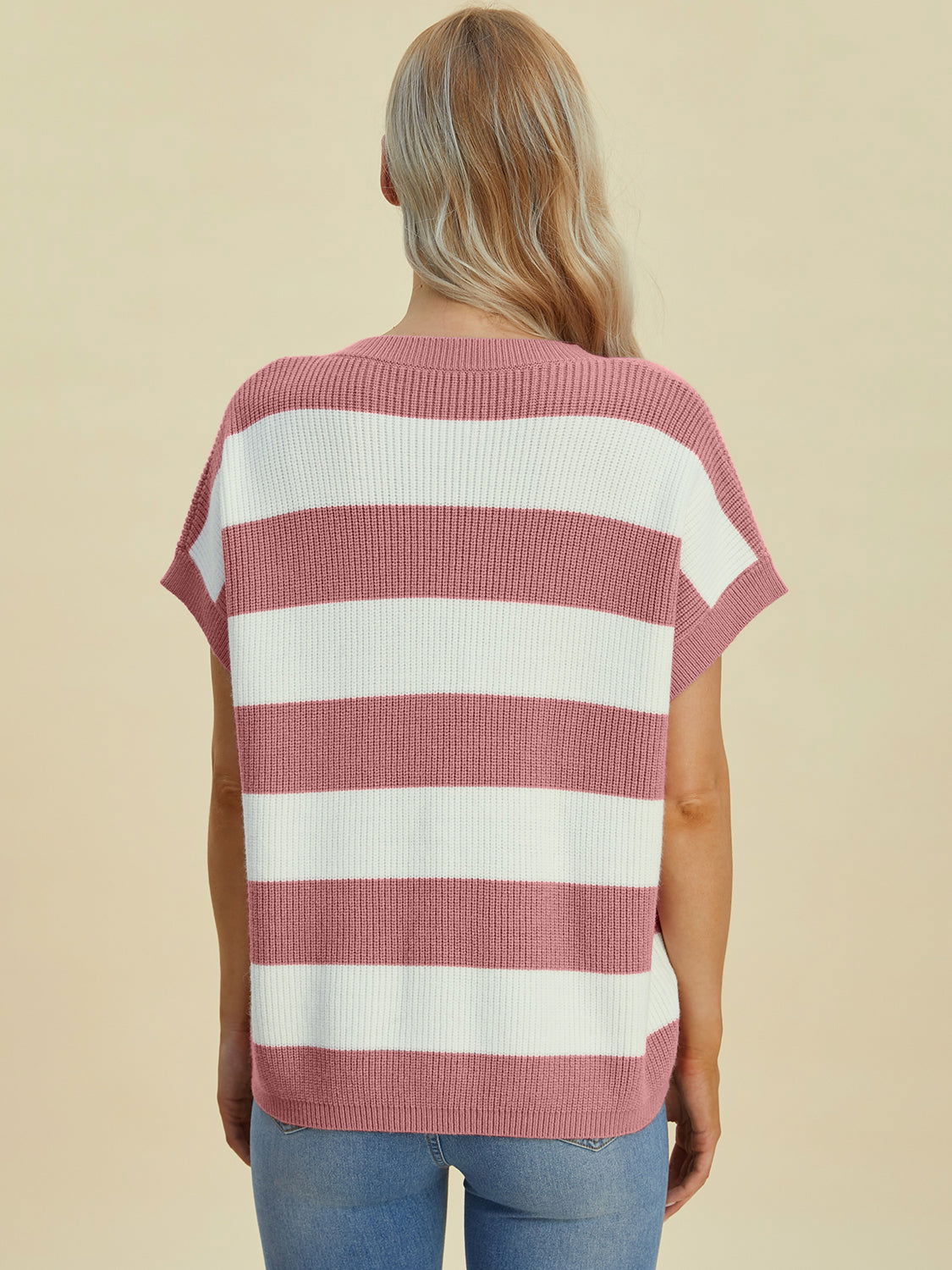 Double Take Full Size Striped V-Neck Short Sleeve Sweater us.meeeshop - 