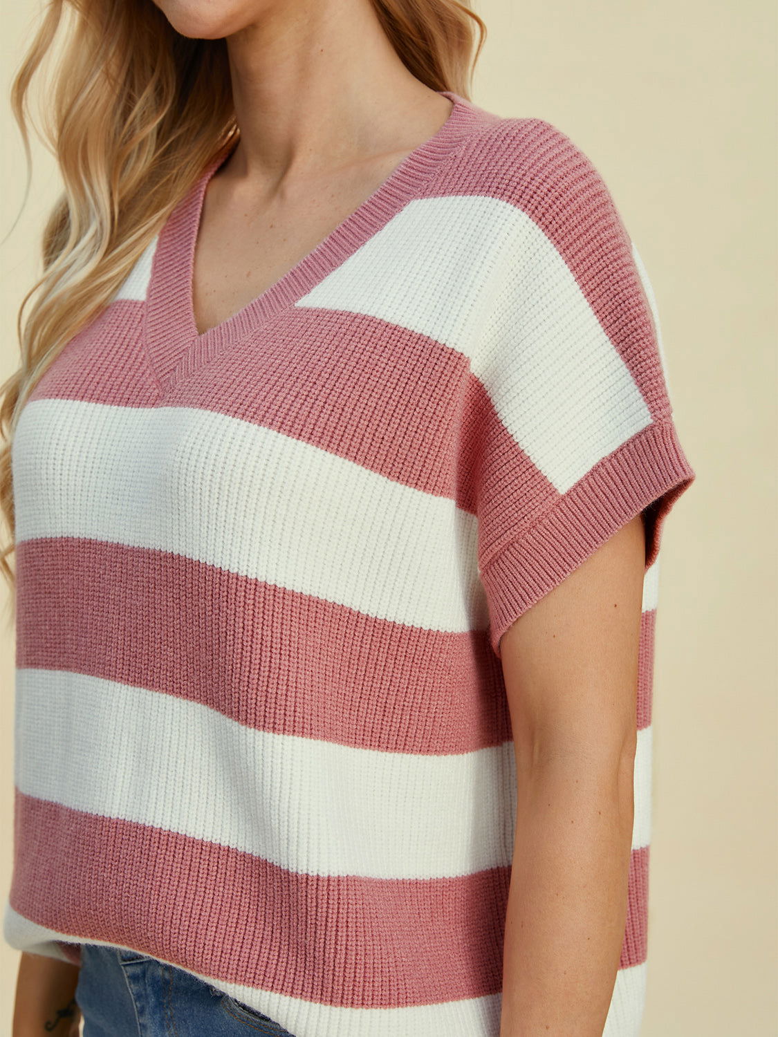 Double Take Full Size Striped V-Neck Short Sleeve Sweater us.meeeshop - 