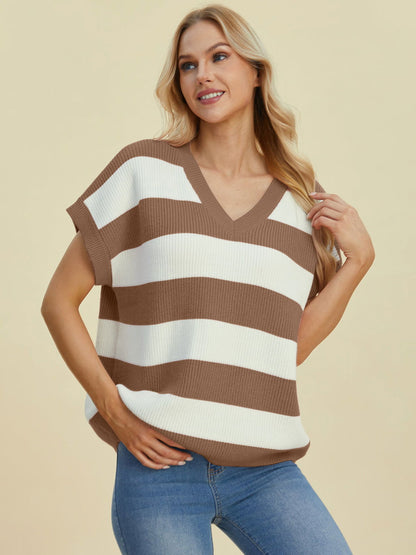 Double Take Full Size Striped V-Neck Short Sleeve Sweater us.meeeshop - 