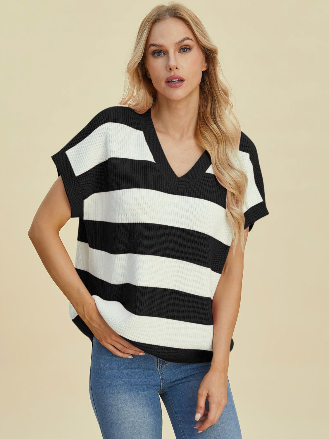 Double Take Full Size Striped V-Neck Short Sleeve Sweater us.meeeshop - 