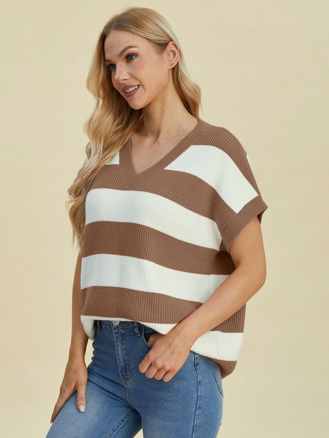 Double Take Full Size Striped V-Neck Short Sleeve Sweater us.meeeshop - 