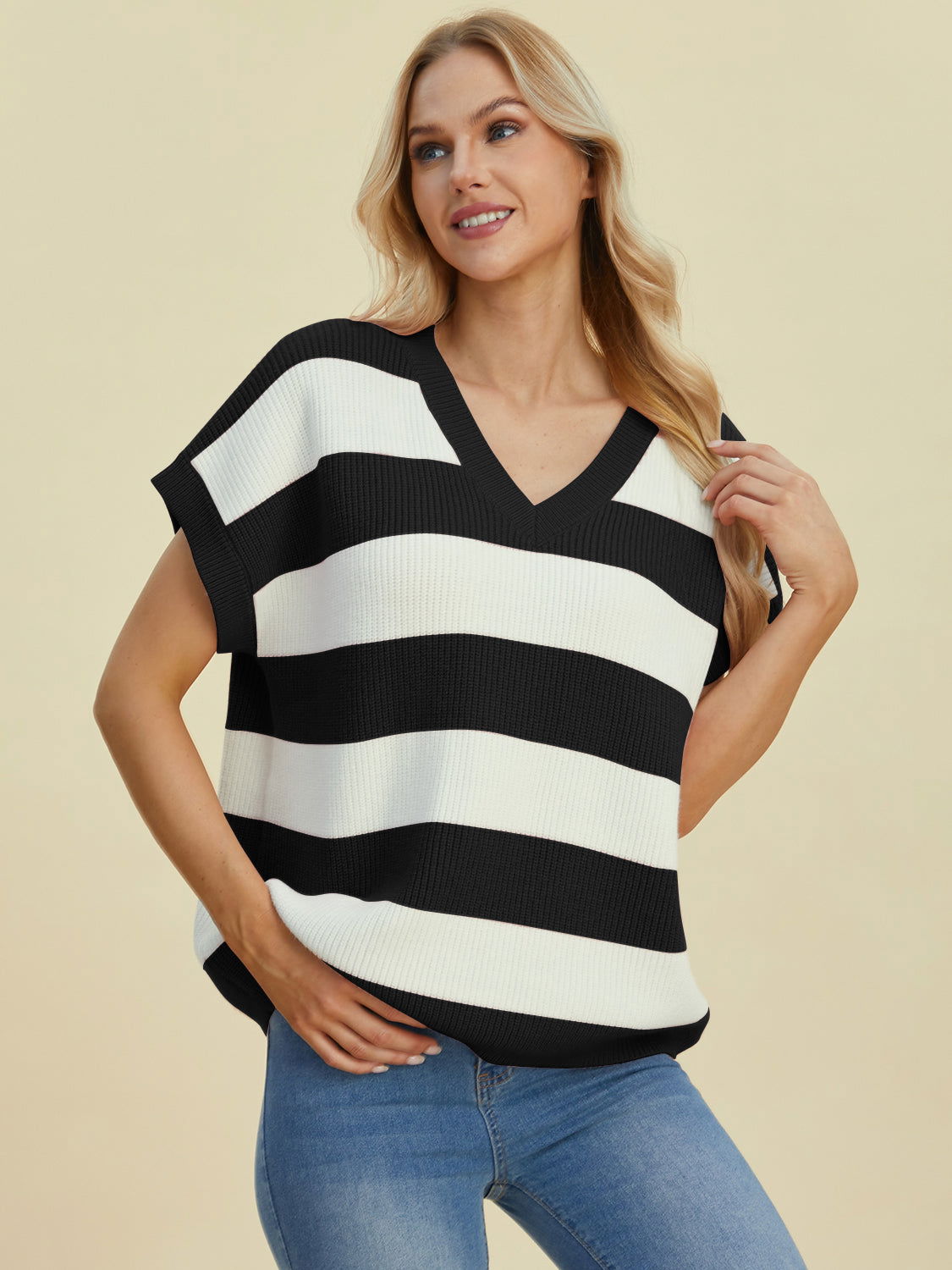 Double Take Full Size Striped V-Neck Short Sleeve Sweater us.meeeshop - 