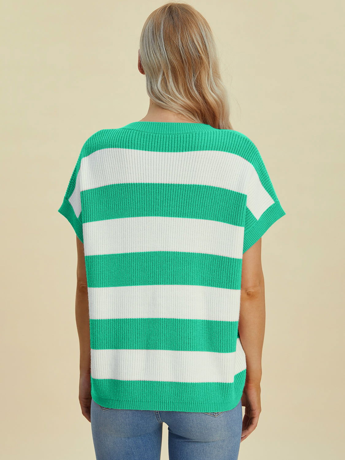 Double Take Full Size Striped V-Neck Short Sleeve Sweater us.meeeshop - 