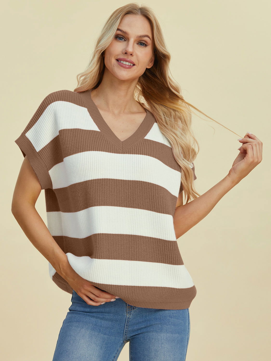 Double Take Full Size Striped V-Neck Short Sleeve Sweater us.meeeshop - 