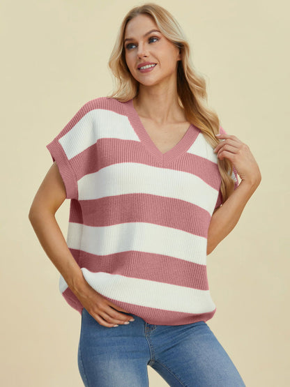 Double Take Full Size Striped V-Neck Short Sleeve Sweater us.meeeshop - 