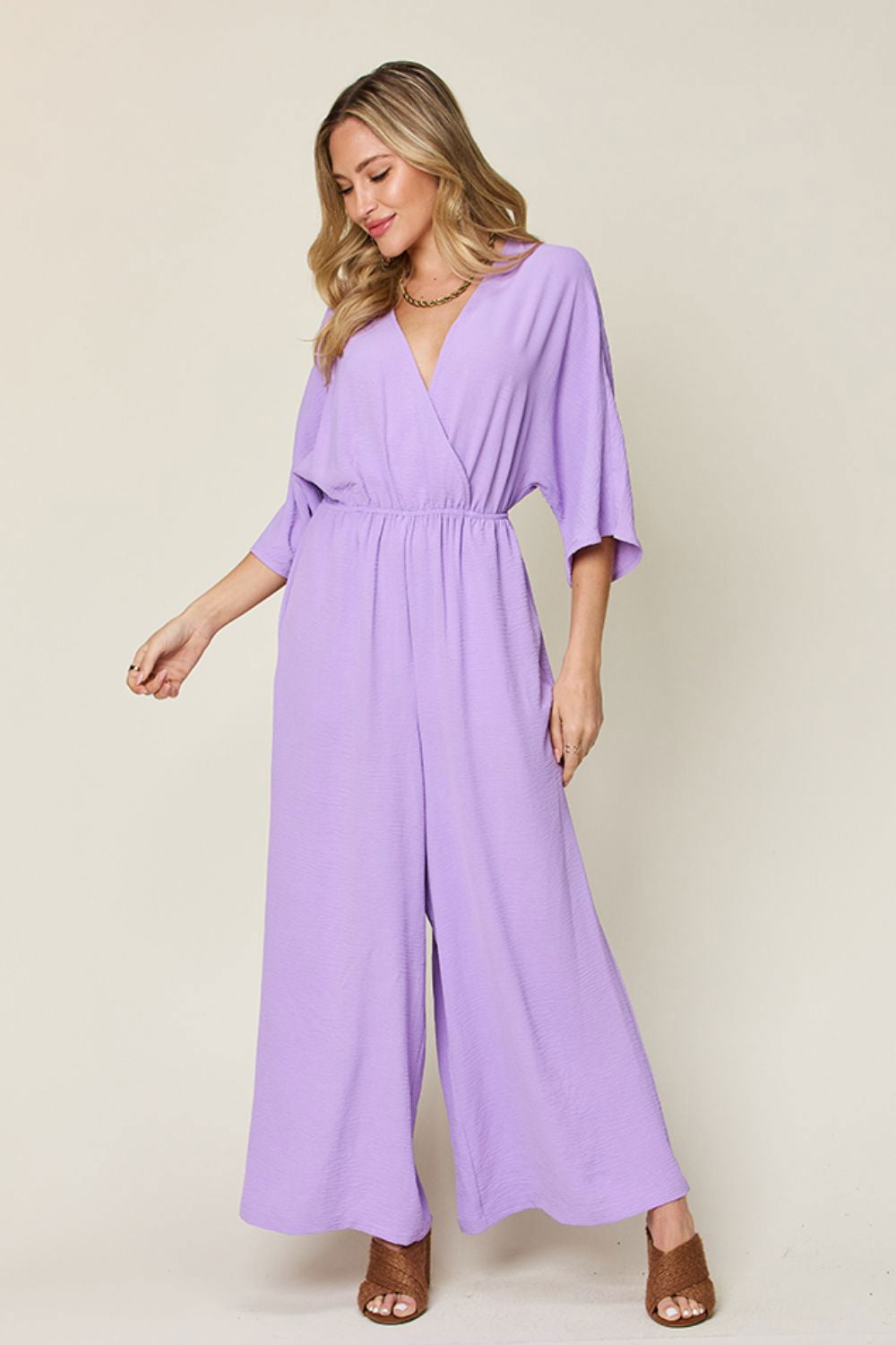 Double Take Full Size Surplice Wide Leg Jumpsuit with Pockets us.meeeshop - 