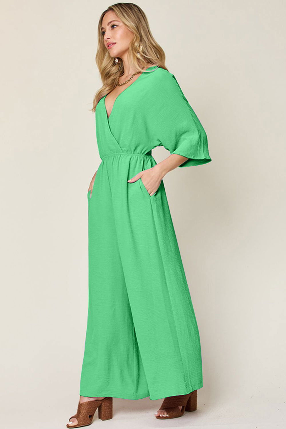 Double Take Full Size Surplice Wide Leg Jumpsuit with Pockets us.meeeshop - 