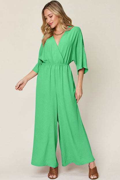 Double Take Full Size Surplice Wide Leg Jumpsuit with Pockets us.meeeshop - 