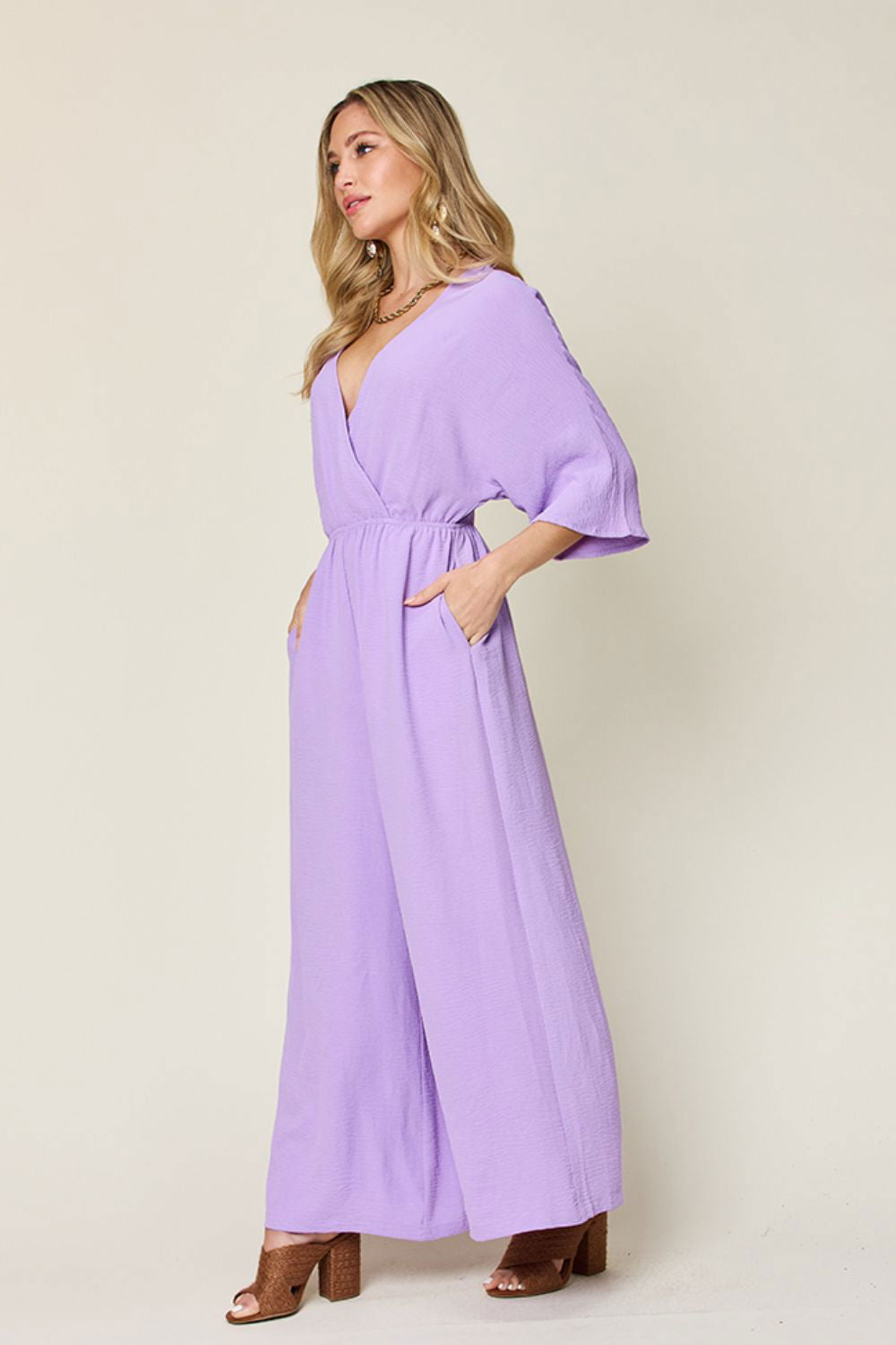 Double Take Full Size Surplice Wide Leg Jumpsuit with Pockets us.meeeshop - 