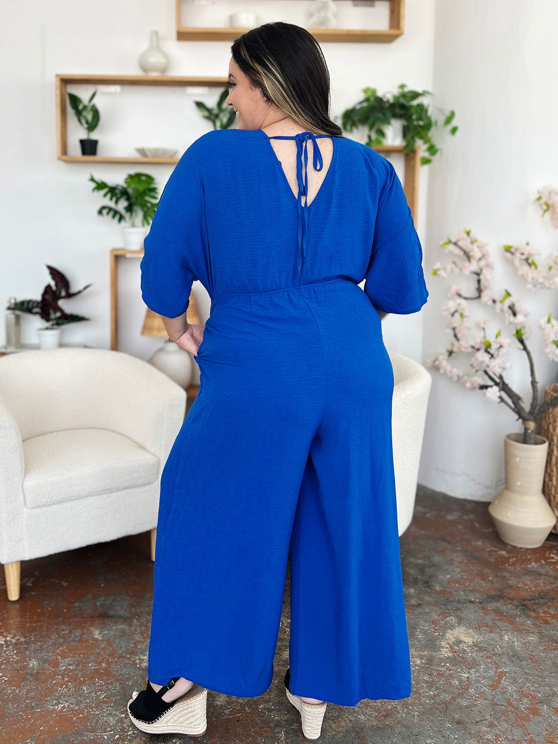 Double Take Full Size Surplice Wide Leg Jumpsuit with Pockets us.meeeshop - 