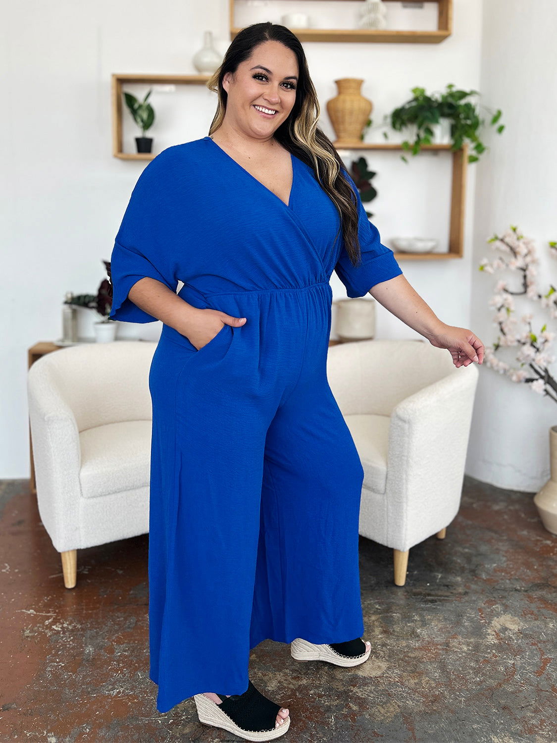 Double Take Full Size Surplice Wide Leg Jumpsuit with Pockets us.meeeshop - 