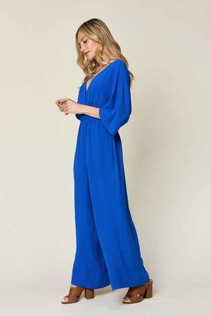 Double Take Full Size Surplice Wide Leg Jumpsuit with Pockets us.meeeshop - 