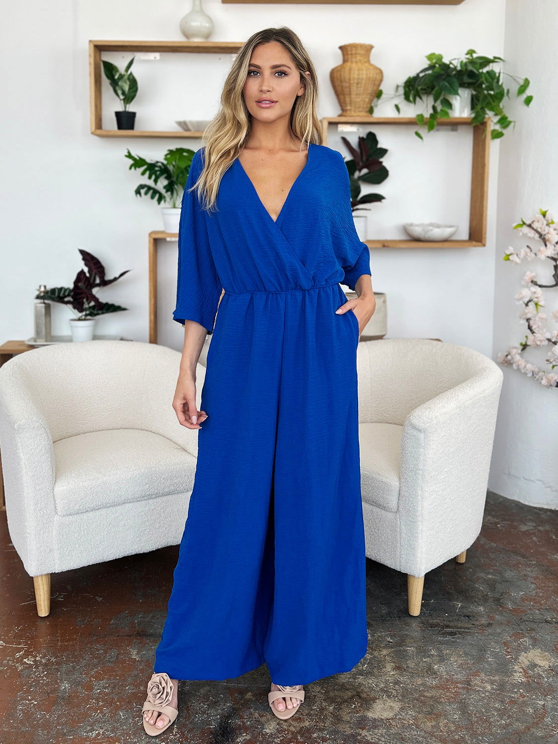 Double Take Full Size Surplice Wide Leg Jumpsuit with Pockets us.meeeshop - 