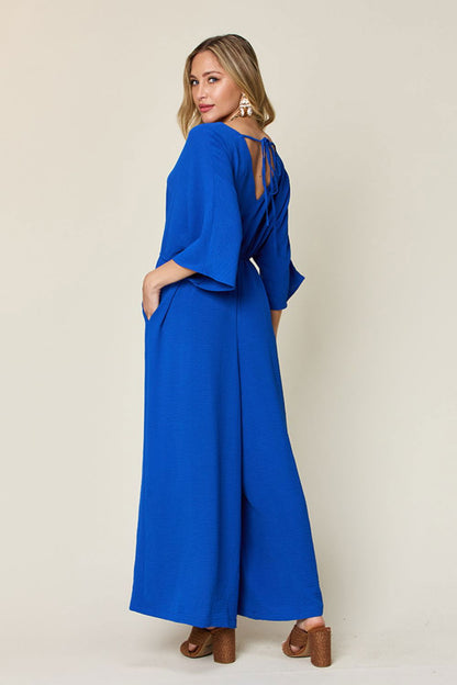 Double Take Full Size Surplice Wide Leg Jumpsuit with Pockets us.meeeshop - 