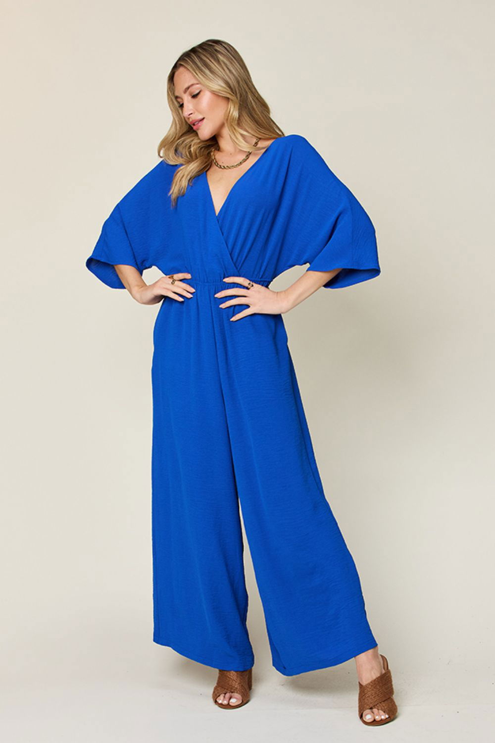 Double Take Full Size Surplice Wide Leg Jumpsuit with Pockets us.meeeshop - Jumpsuits & Rompers