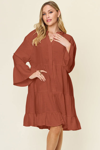 Double Take Full Size Texture Button Up Ruffle Hem Dress us.meeeshop - Dresses