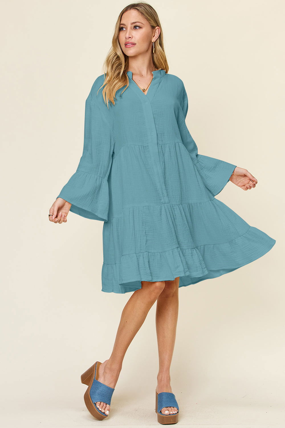 Double Take Full Size Texture Button Up Ruffle Hem Dress us.meeeshop - 